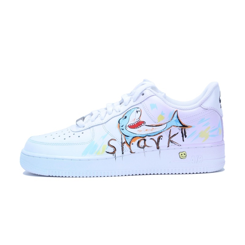Custom Air Force 1 Shoes White Blue Graffiti Shark