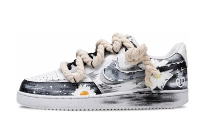 Custom Court Shoes Black White Autumn Chrysanthemum